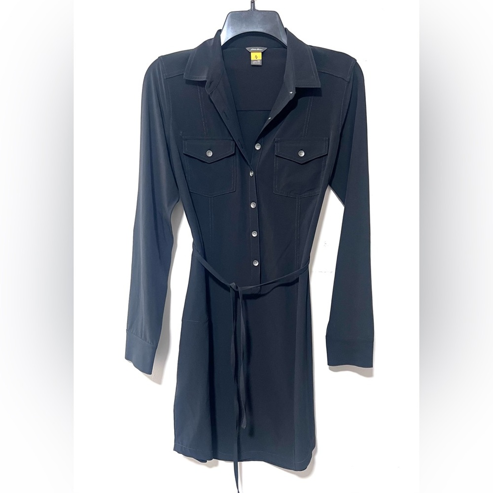 Eddie Bauer Black Shirt Dress, Belted Long Sleeve Utility Button Front, XS